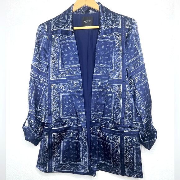Simply Vera Wang Women's Navy Silky Satin Paisley Bandanna Handkerchief Blazer M - Picture 2 of 10